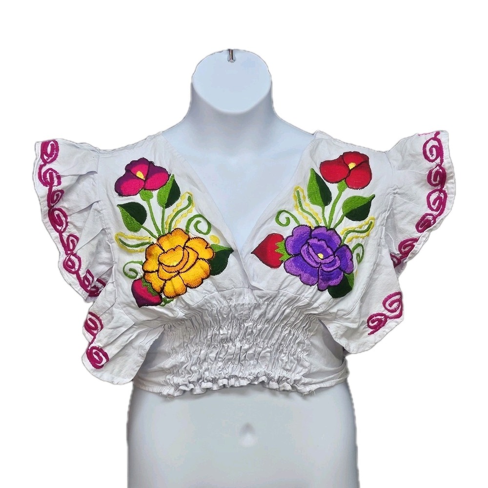 Handmade Mexican Mariposa Top Womens XL Embroidered Floral Smocked Crop Festival